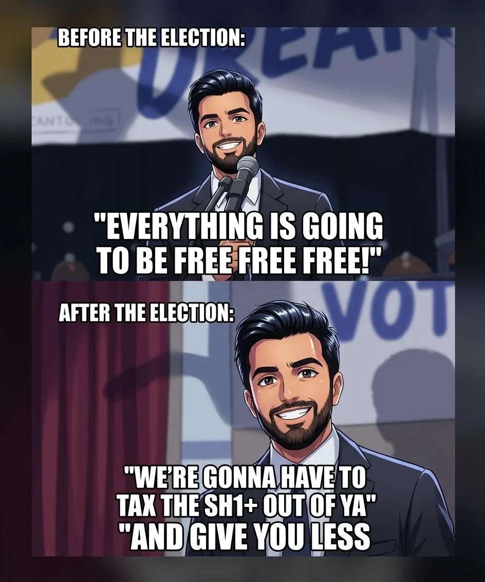 Before the Election: Free, Free, Free. After: Taxed (Anime)
