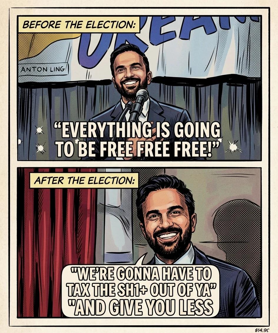 Before the Election: Free, Free, Free. After: Taxed (Comic Book)