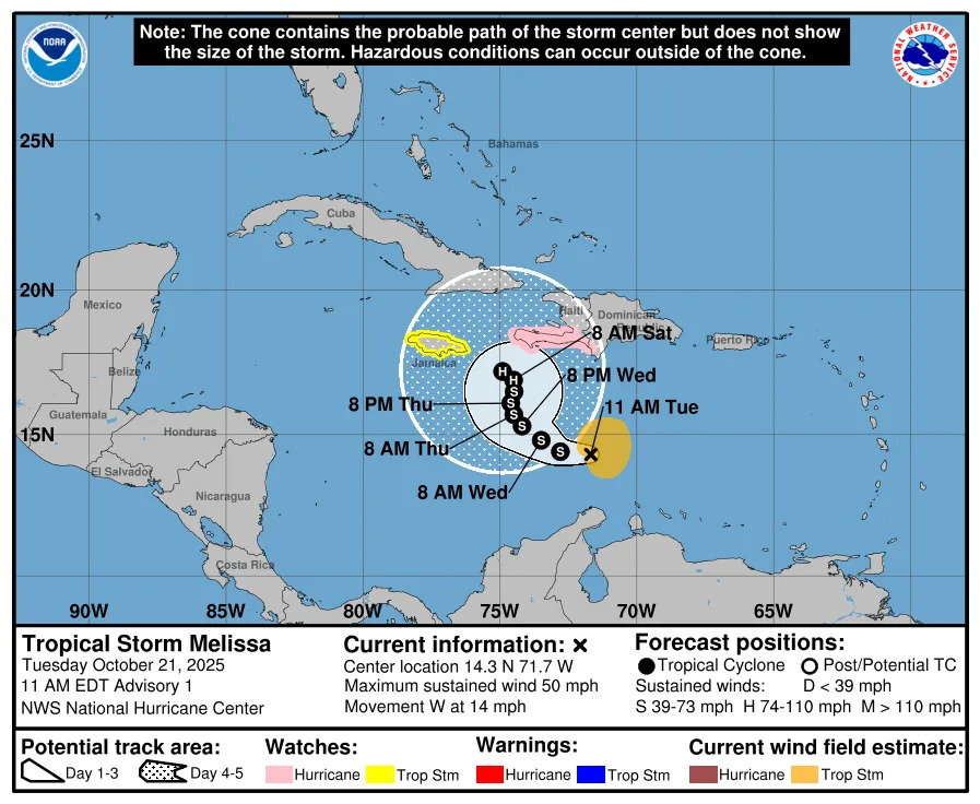 Interactive maps show timeline, predicted strength of Tropical Storm Melissa over next 5 days